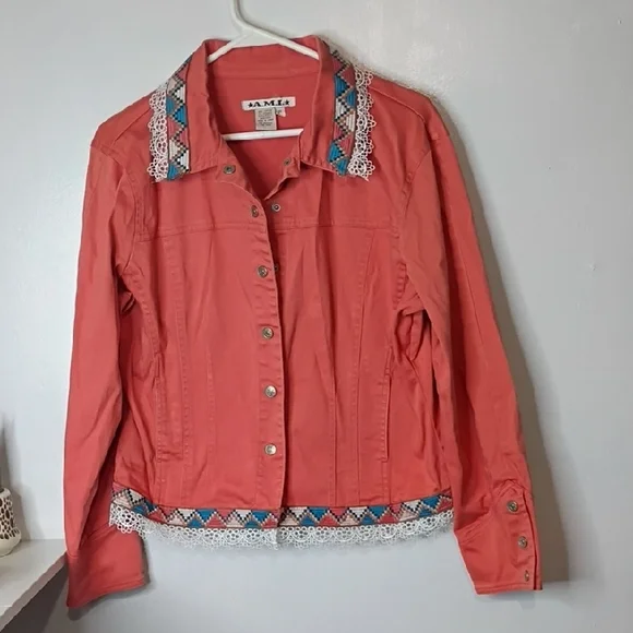 Ami Peachy Orange Coral Shabby Chic Western Jacket w/ Lace Collar Trim M - Picture 2 of 10